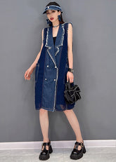 Vestido midi de gasa con cuello Peter Pan, borlas y patchwork, sin mangas, de color azul vaquero sencillo